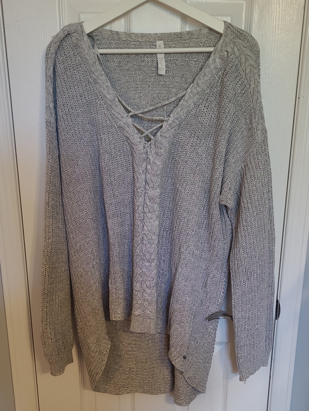 Cozy Light Gray V-Neck Lace-Up Knit Sweater